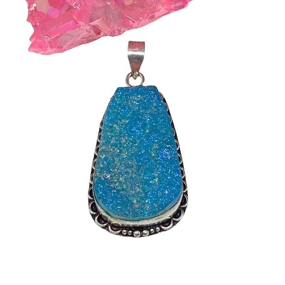 Blue Titanium Druzy Necklace Pendant 925 Sterling Silver Overlay Iridescent - Picture 1 of 3